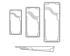 Technical line drawing of three rectangular device cases in different sizes, with a side profile view below.