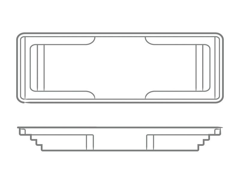 Outline drawing of a rectangular tray shown from top and side views