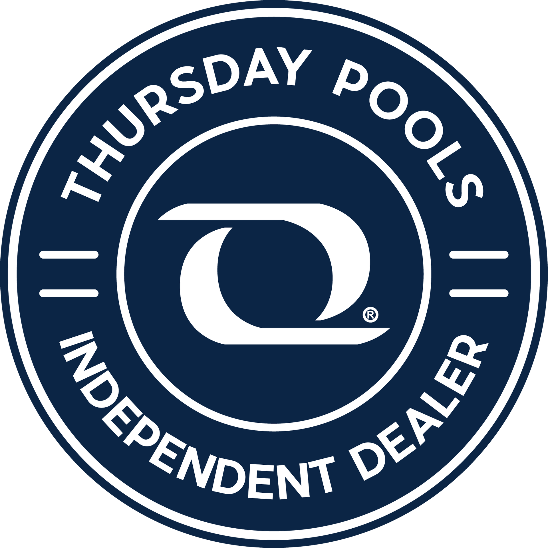Thursday Pools Independent Dealer circular logo with navy, white, and blue design