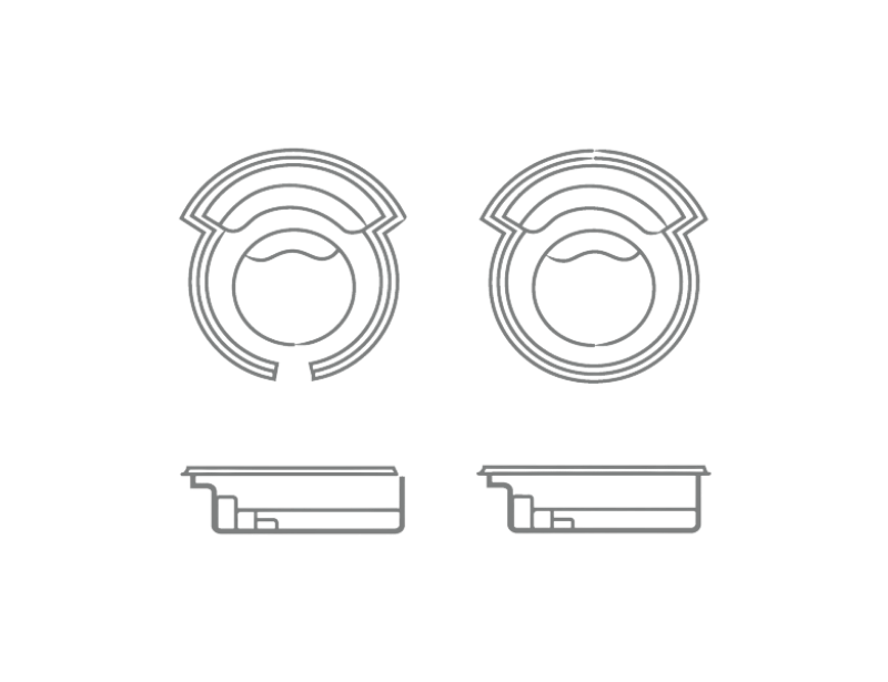 Technical line drawings of a circular mechanical part from top and side views, with one exploded view
