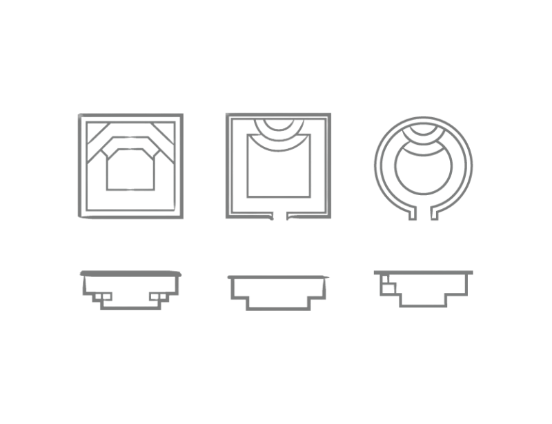 Technical line drawing of three design variations, with front and side views of a rounded object.