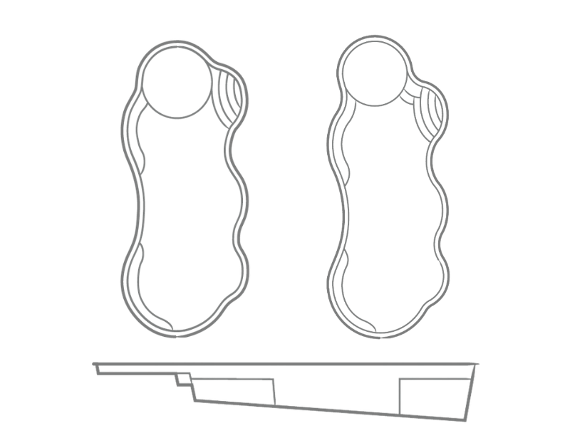 Black-and-white technical sketch of two rounded irregular shapes above a side-view cross-section diagram