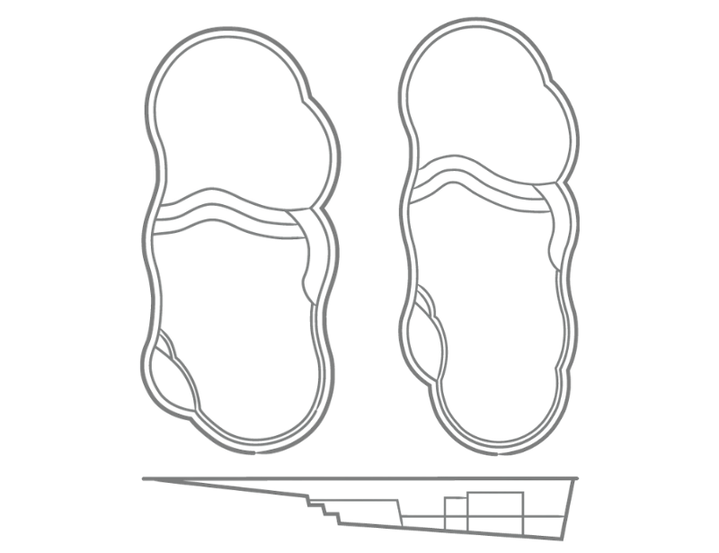 Black-and-white abstract line drawing of two organic shapes above a stepped architectural section.