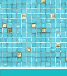 Teal square tiles with gold accent tiles.