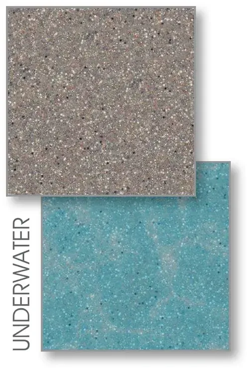 Two speckled tiles: one tan, one blue, labeled