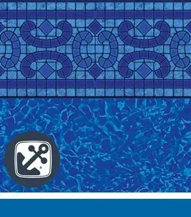 Blue pool liner with tile border and water pattern.