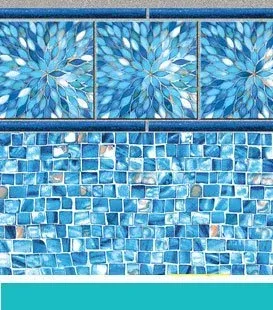 Pool tile: blue floral border above small blue mosaic tiles.