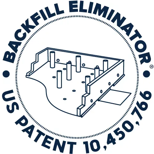 Black Backfill Eliminator patent logo with line drawing of a molded tray and raised posts