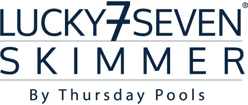 Lucky 7 Seven Skimmer logo in blue and white with “By Thursday Pools” text