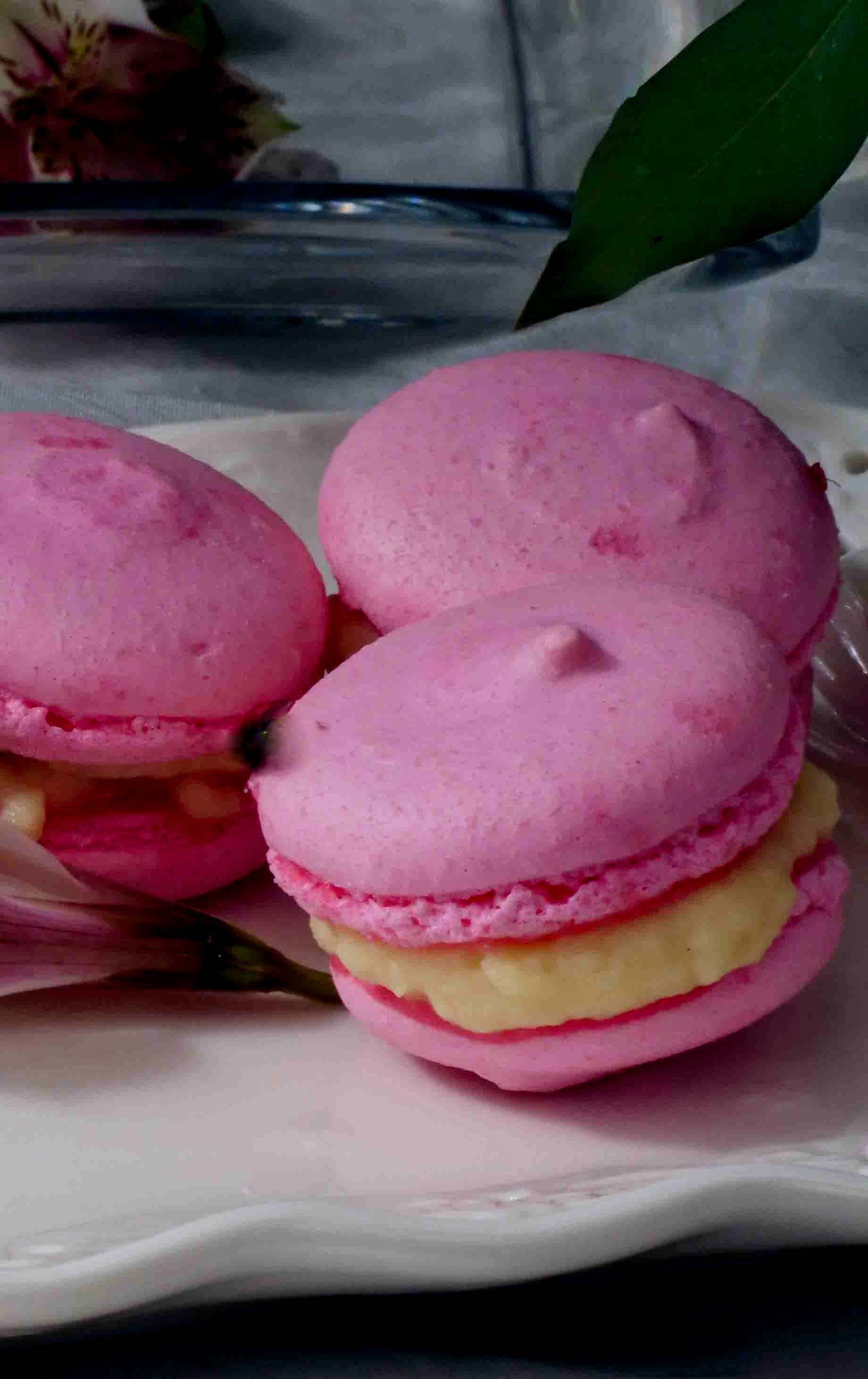 Three pink macarons on a white plate with flowers in the background