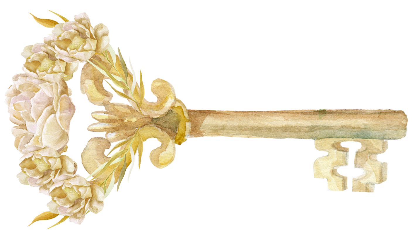 A key with flowers on it on a white background.