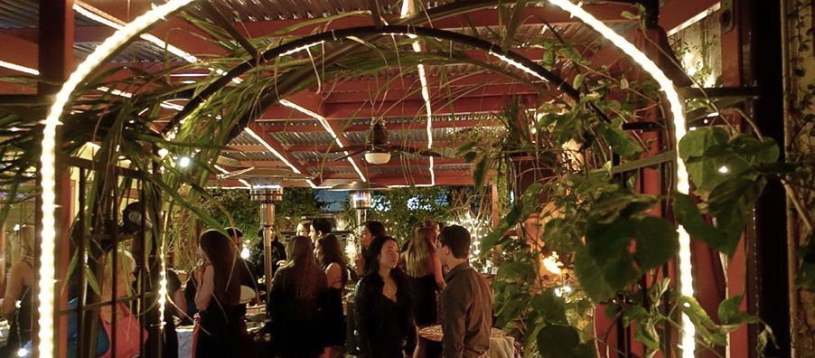 evening party looking through arch in bexx secret garden