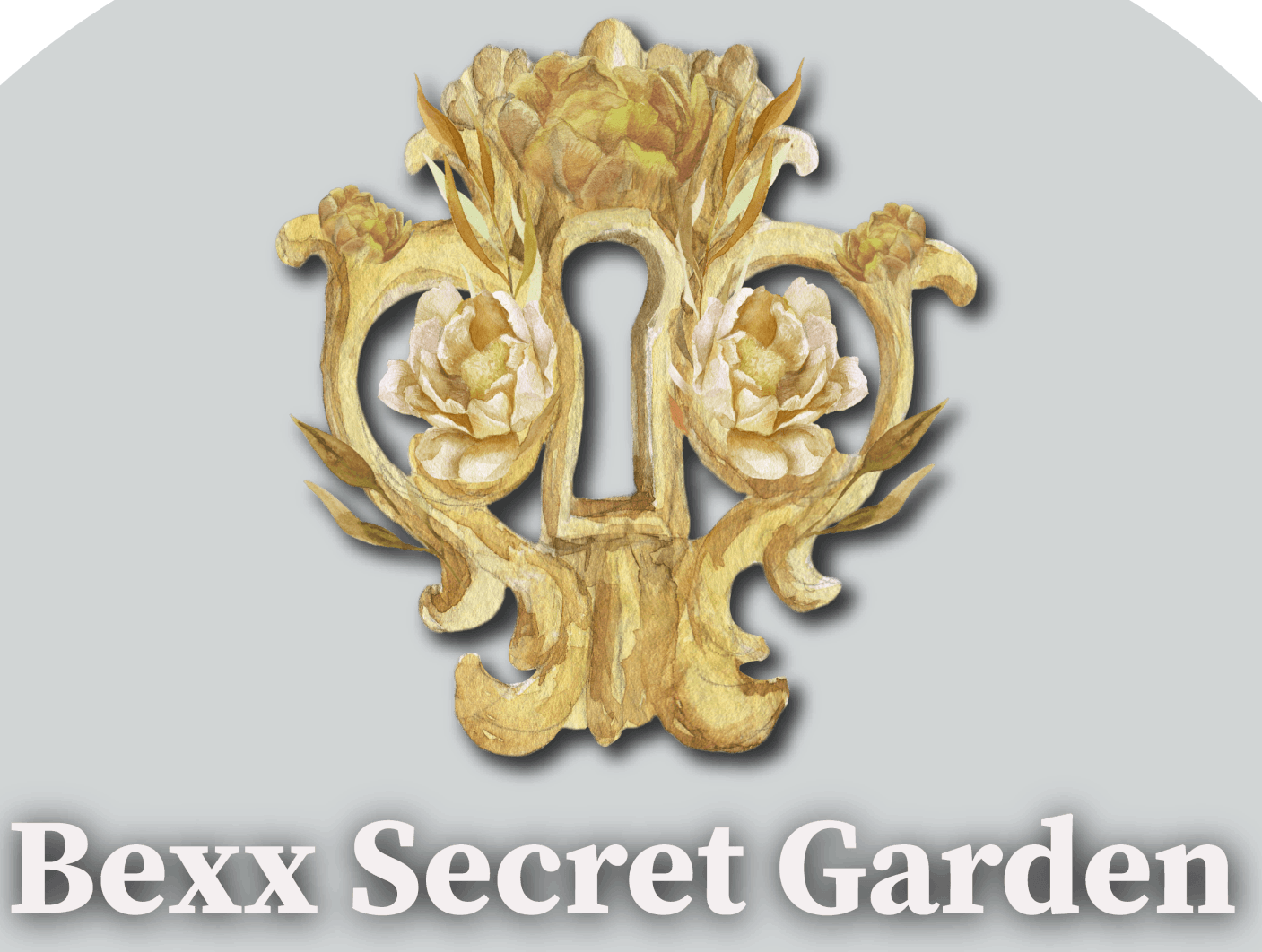 A logo for bexx secret garden with a keyhole and flowers