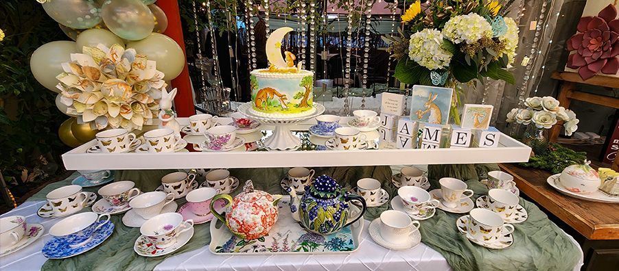 Baby shower cake and tea table in bexx secret garden
