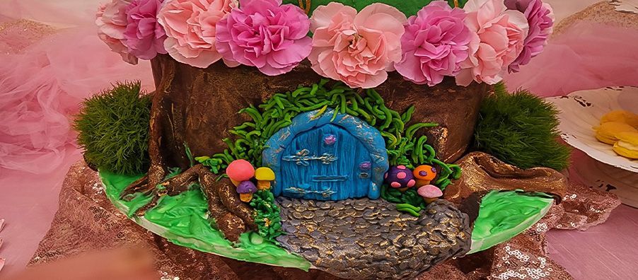 Bottom of Fairy Birthday Cake with flowers, magical mushrooms and fairy entrance created by bexx for bexx secret garden 