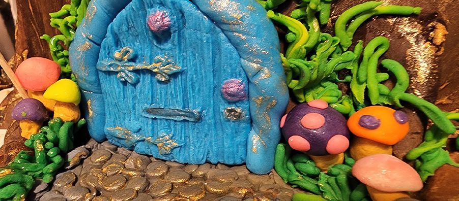 Fairy cake with magical mushrooms and fairy door. created by bexx for birthday party in bexx secret garden.