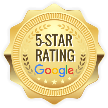 A gold badge that says 5 star rating google