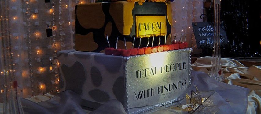 Farah Mackenzie's 16th birthday custom cake. themed from Harry Styles songs TREAT PEOPLE WITH KINDNESS & CHERRY songs. Farah's favorite artist!