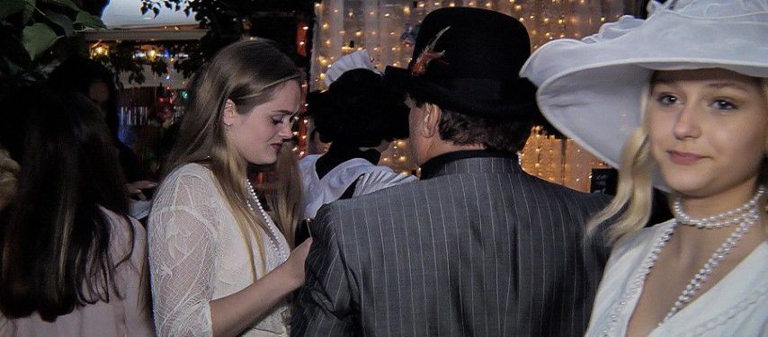 Alyvia Alyn Lind, the actor who played Lexi Cross on the TV Series CHUCKY, dressed for Farrah Mackenzie's roaring 20's murder mystery party in bexx secret garden