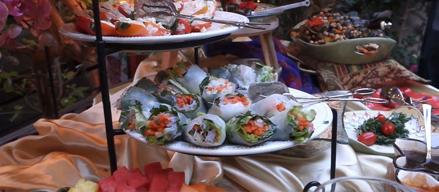 Fresh spring rolls ricotta stuffed mini bell peppers chickpea and eggplant salad,