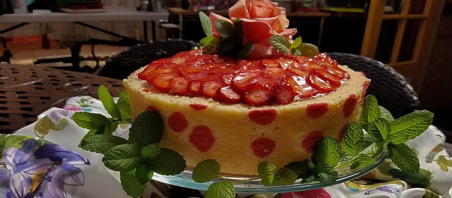 Strawberries and Cream Polka Dot Cake with fresh strawberries on top. created by bexx in bexx secret garden.