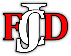 A red and white fcd logo on a white background