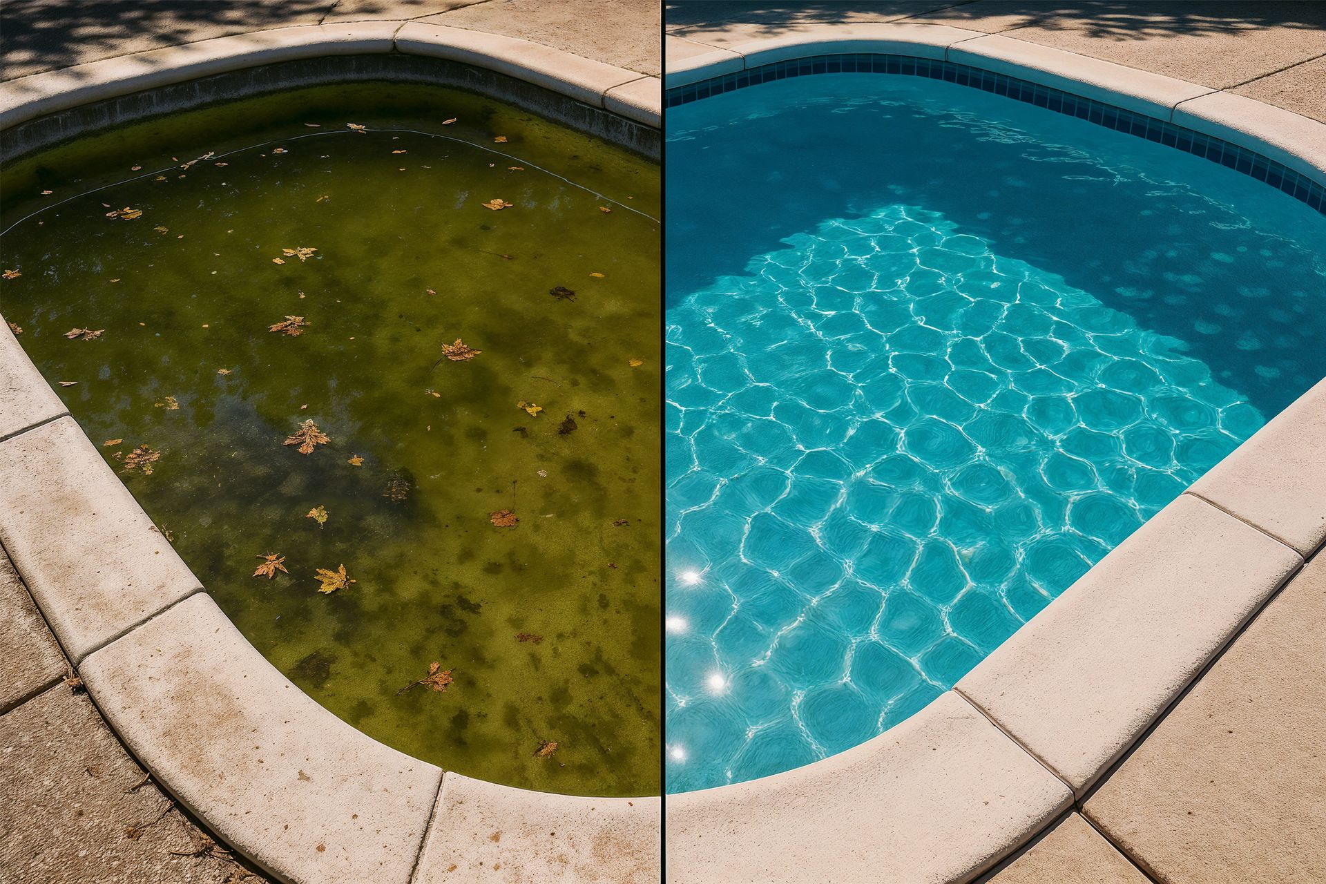 A before and after photo of a swimming pool