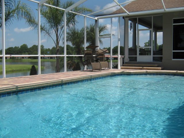 A large swimming pool is surrounded by a screened in porch.