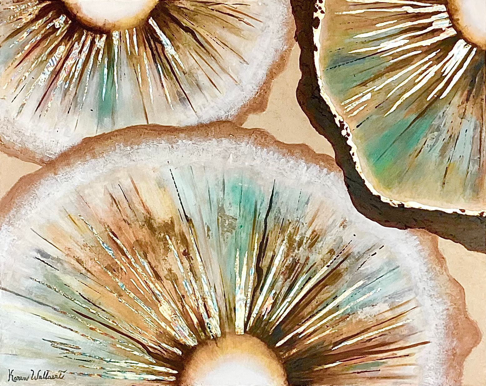 Abstract painting of three round, translucent shapes with teal and gold accents.