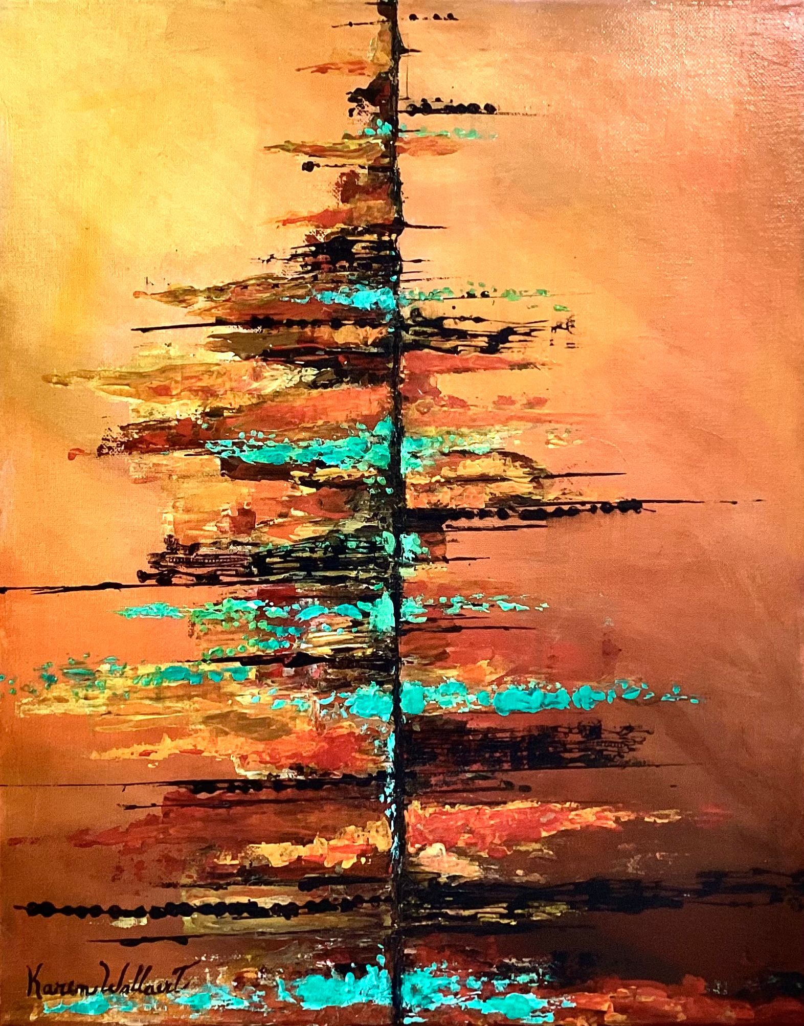 Abstract painting: Vertical split with teal/brown horizontal streaks against a gradient orange/brown backdrop.