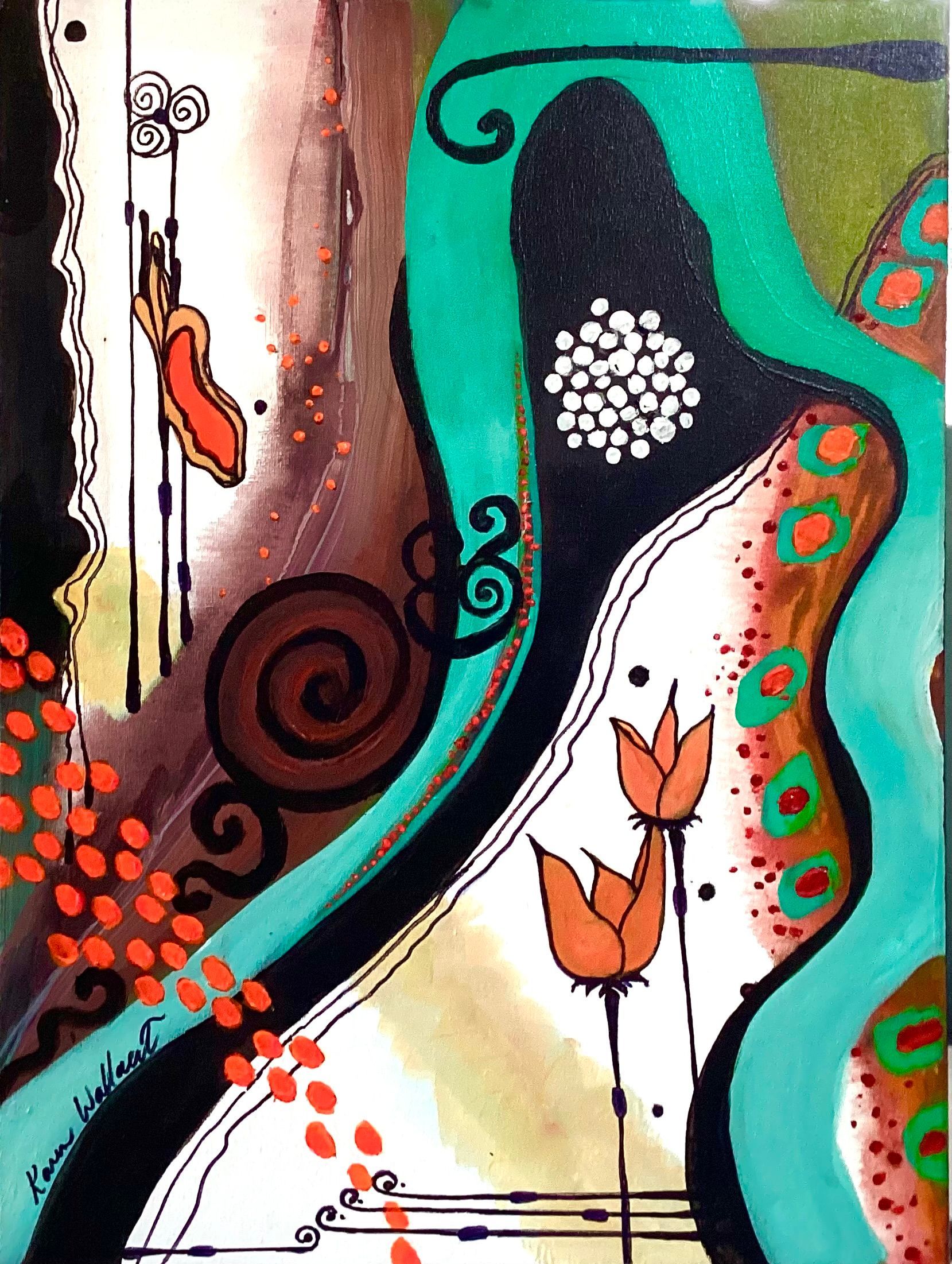 Abstract art with teal, black, and brown shapes, orange floral details, and white accents.