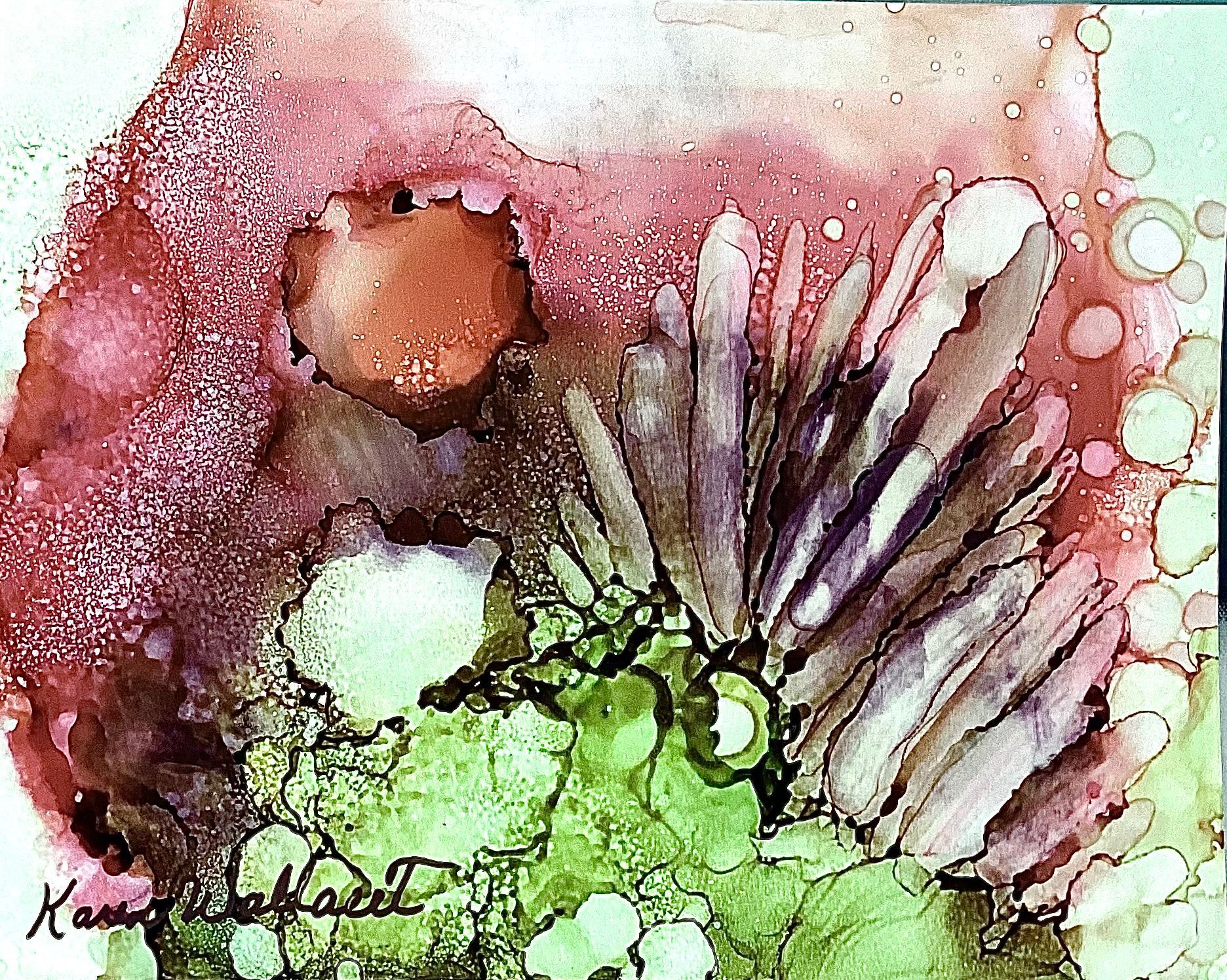 Abstract alcohol ink painting with pink, brown, and green hues; features textured organic shapes.