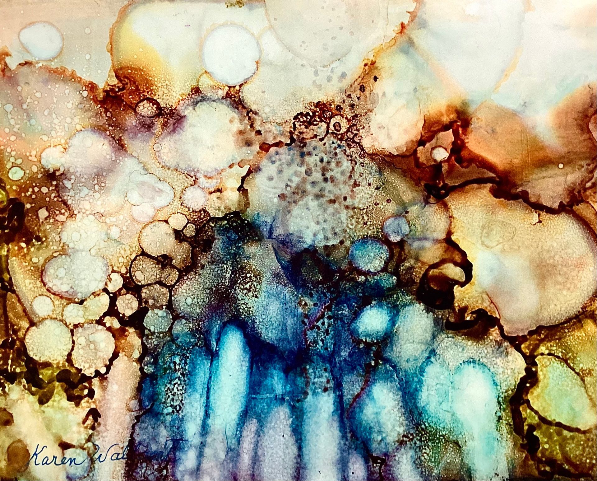 Abstract watercolor painting with blue, brown, and white organic shapes and textures.