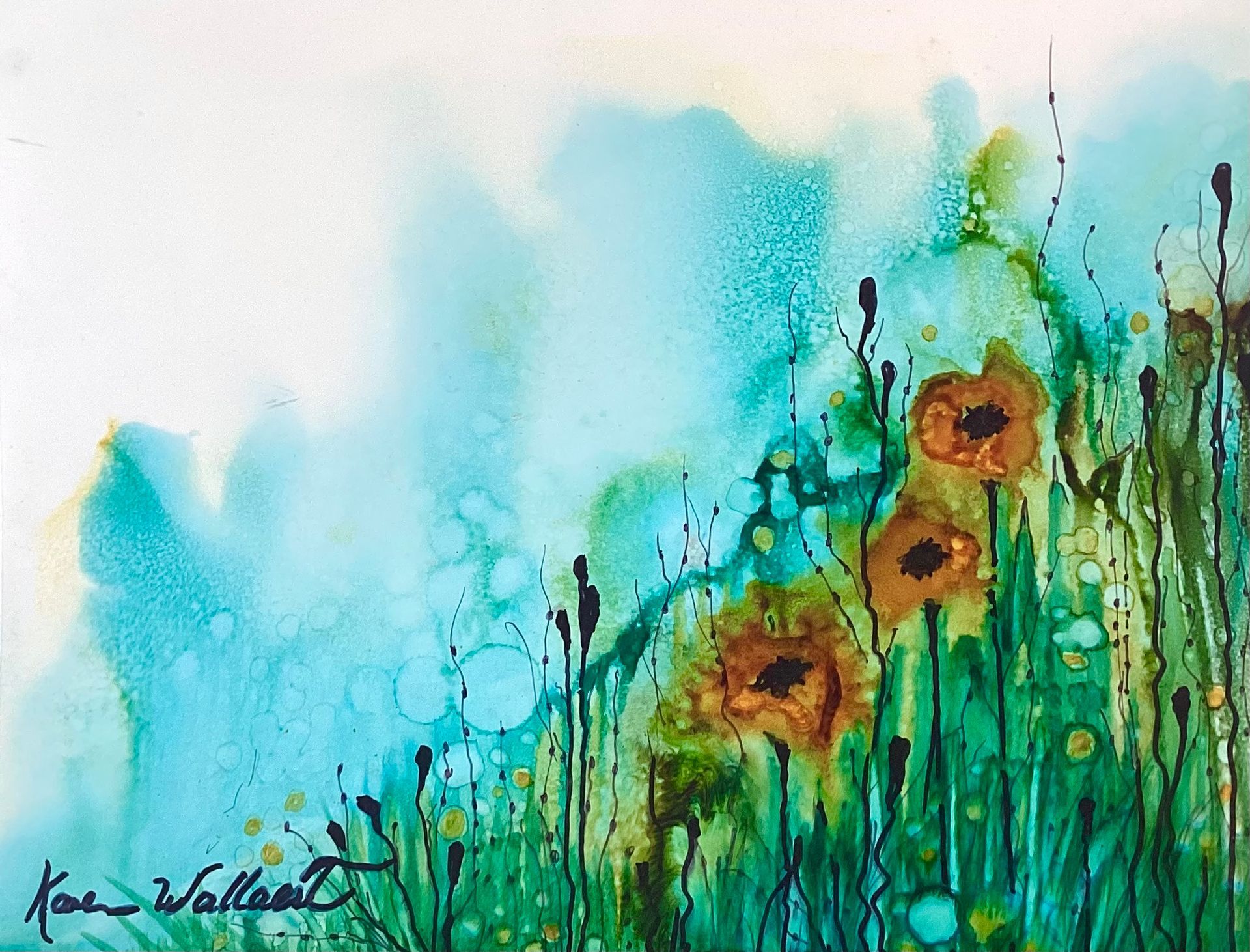 Watercolor painting of bronze flowers in a grassy field with turquoise and green background.