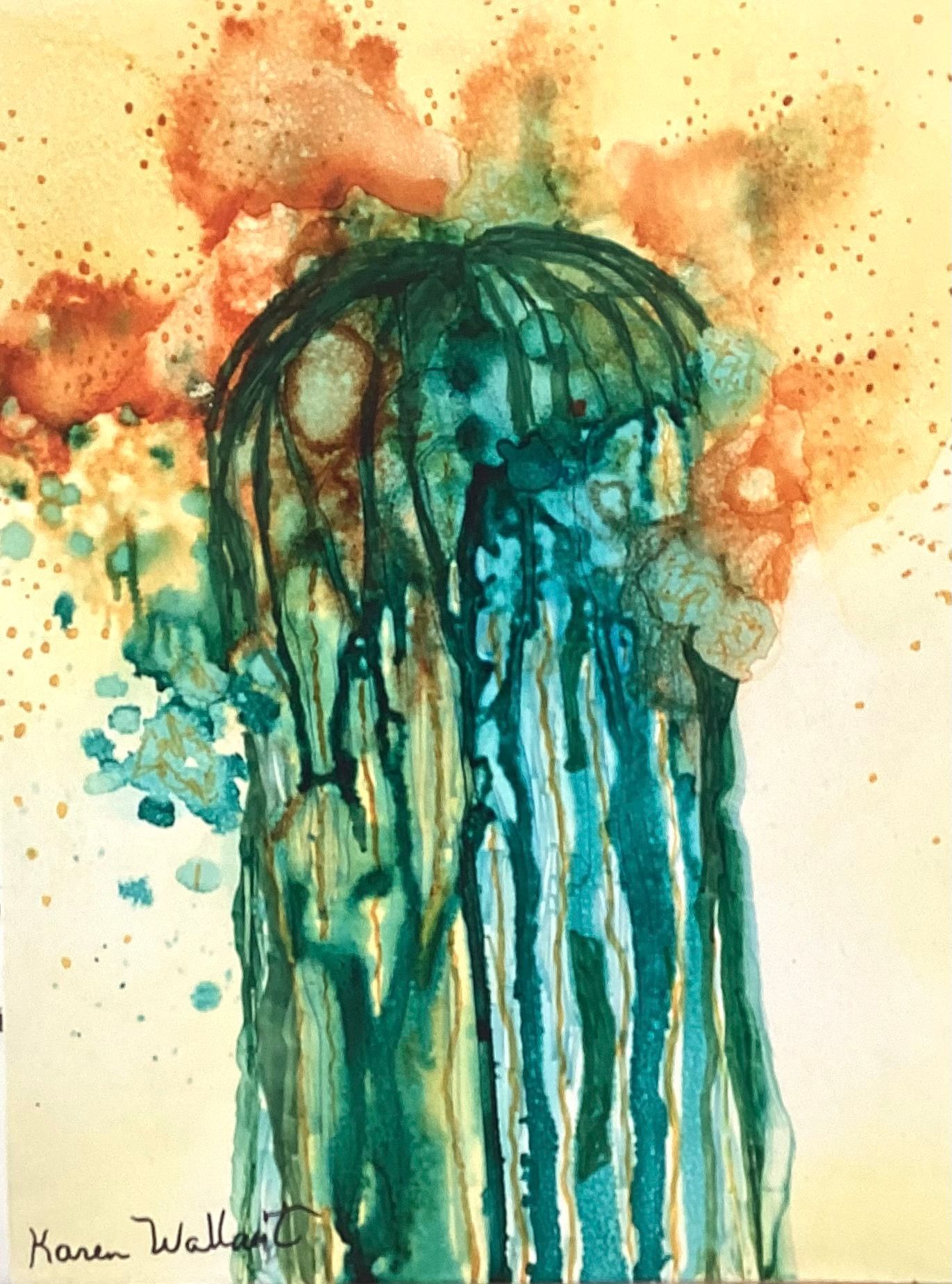 Abstract watercolor painting: teal figure dripping with orange and yellow splatters on a cream background.