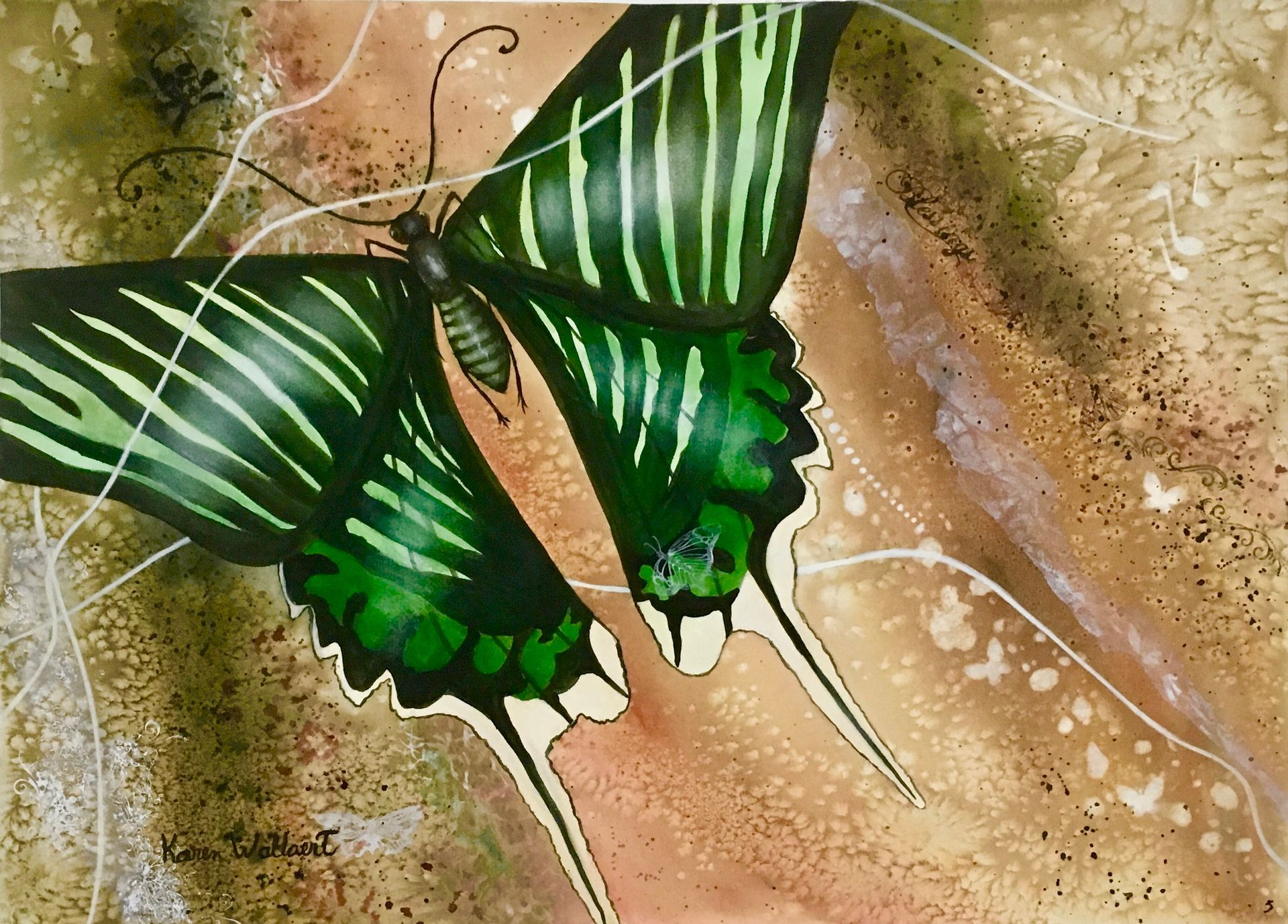 Green butterfly with white-tipped wings, resting on a textured brown and tan background.