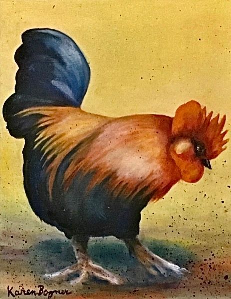 Rooster with a red head and orange-brown chest, navy blue feathers. Beige background.