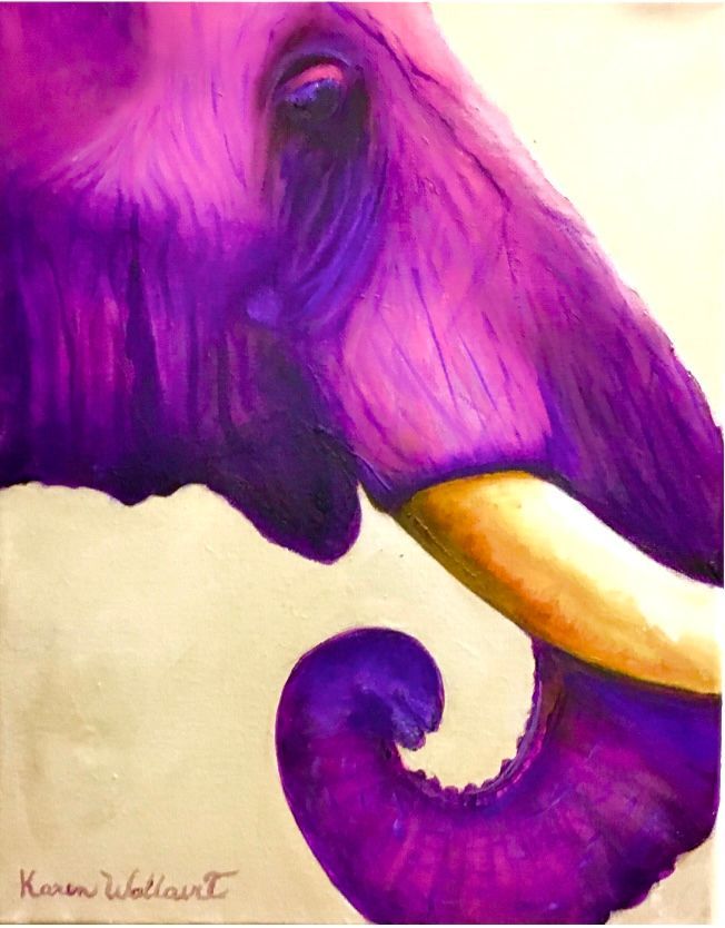 Purple elephant's head with a curled trunk, ivory tusk, and an eye, against a neutral background.