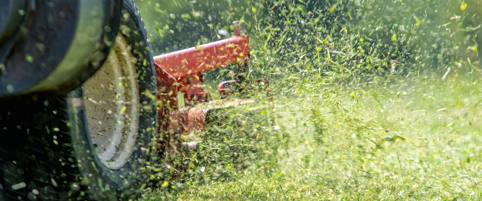 A person is mowing a lawn with a lawn mower.