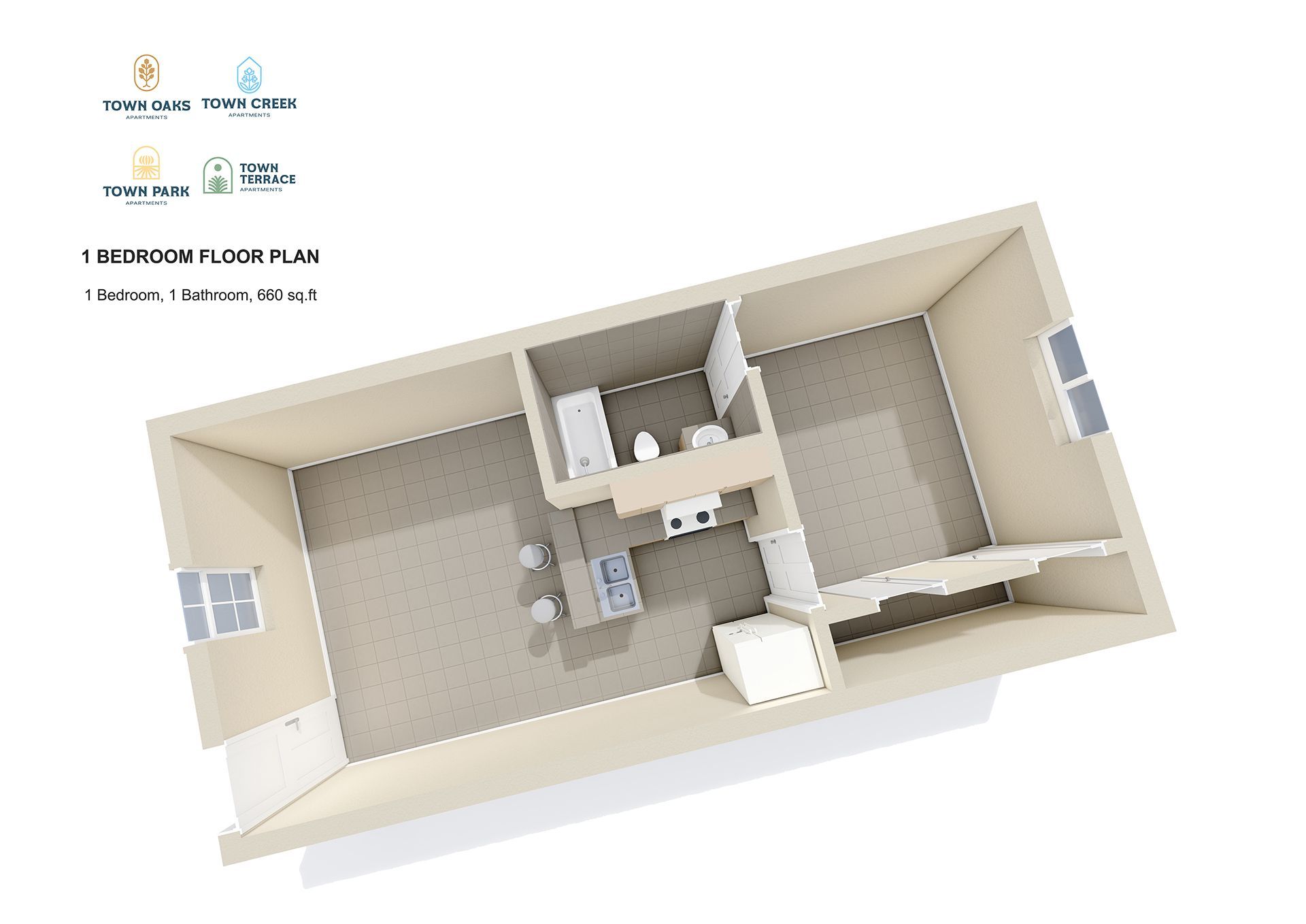 Town Oaks Floor Plan: 1 Bed · 1 Bath · 660 Sq. FT