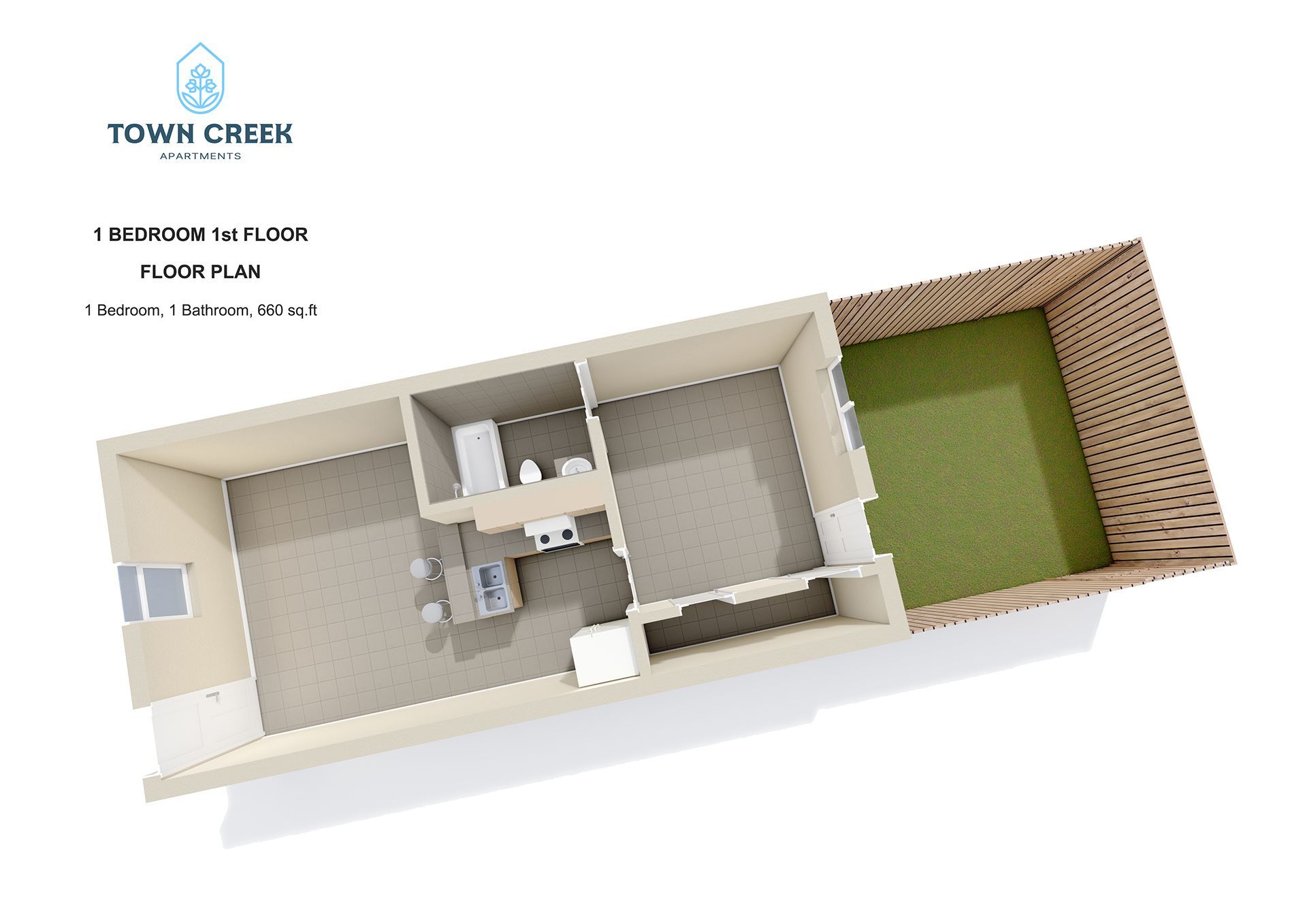 Town Creek Floor Plan: 1 Bed · 1 Bath · 660 Sq. FT