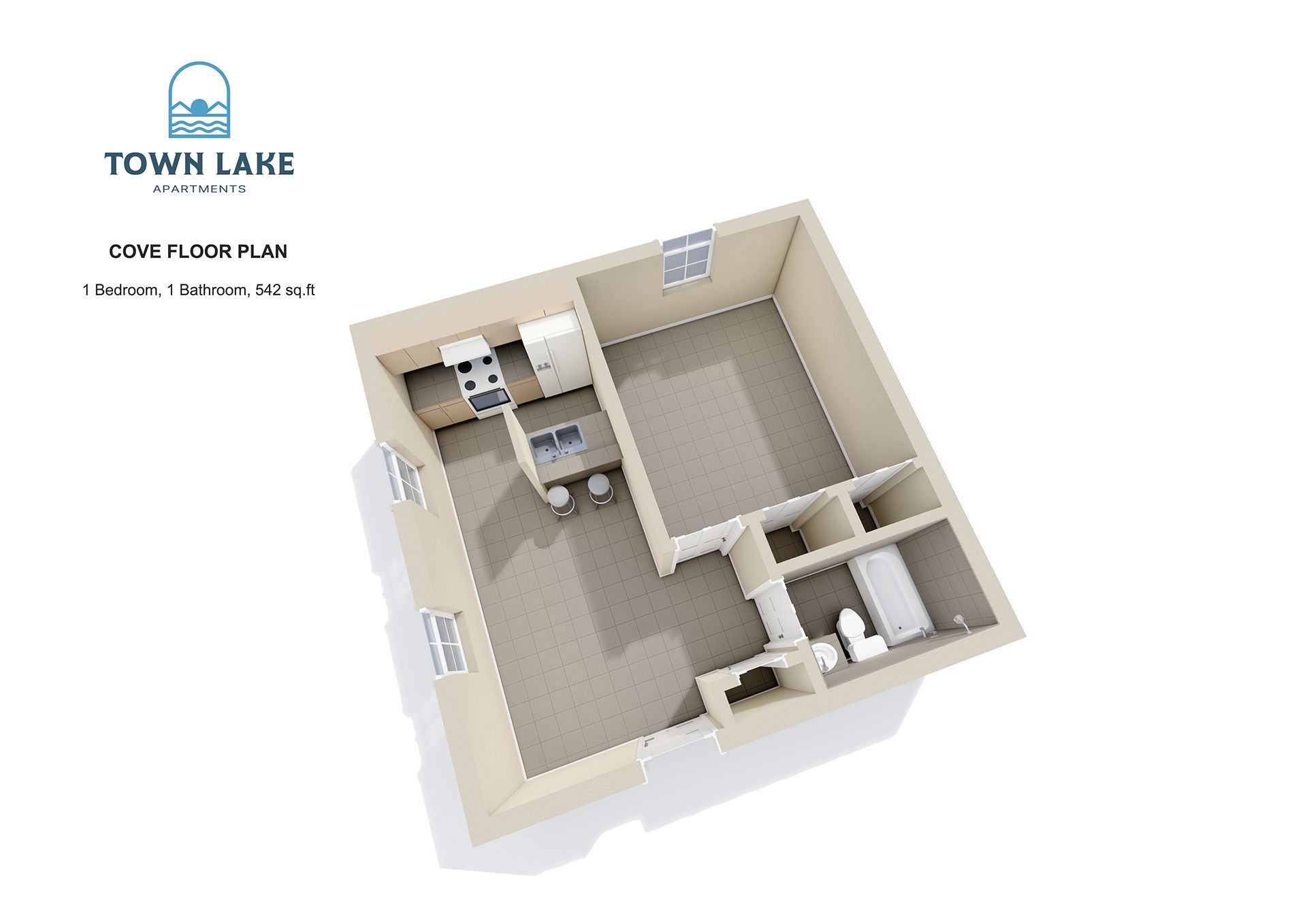 Town Lake Cove Floor Plan: 1 Bed · 1 Bath · 542 Sq. FT