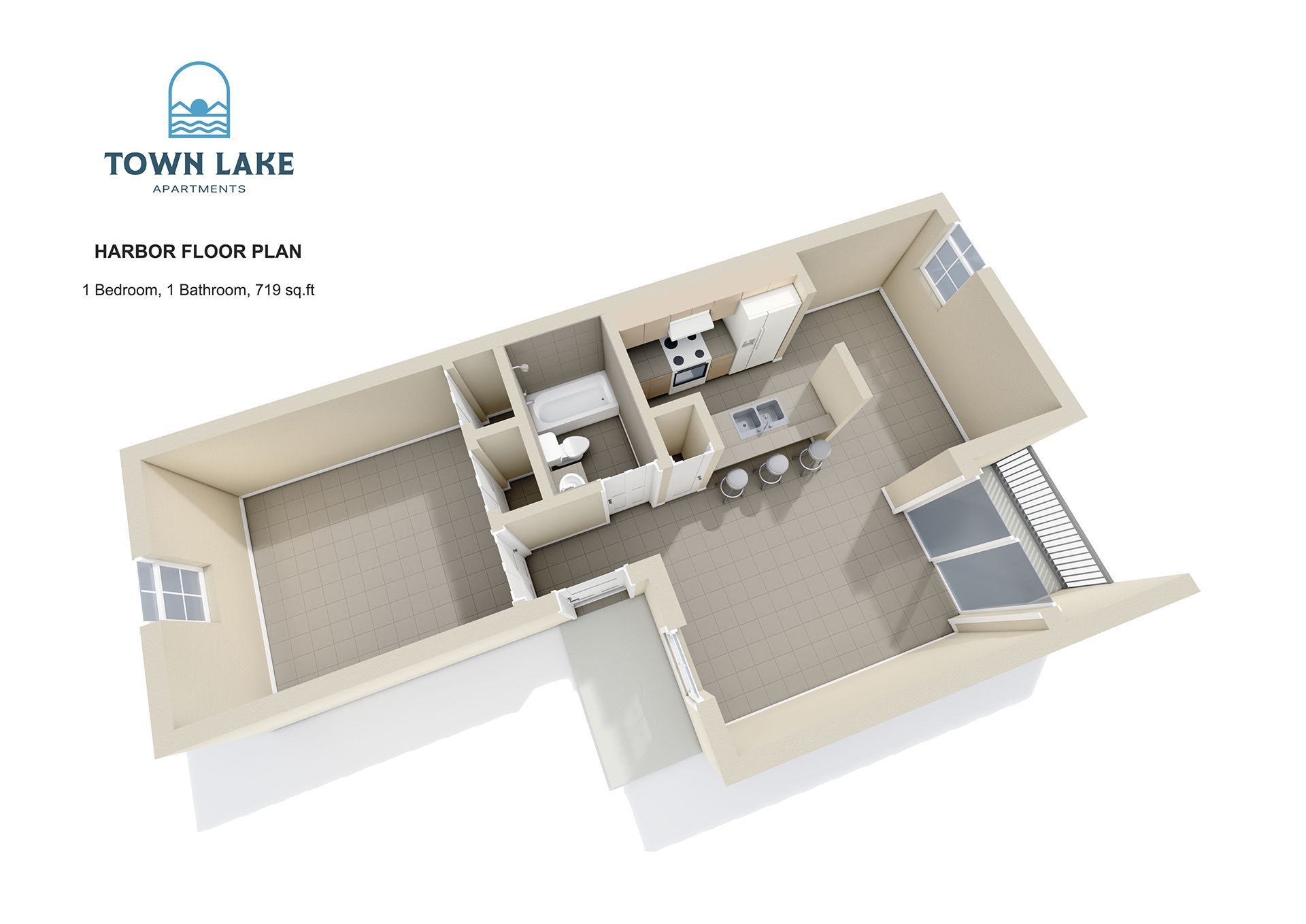 Town Lake Harbor Floor Plan: 1 Bed · 1 Bath · 719 Sq. FT