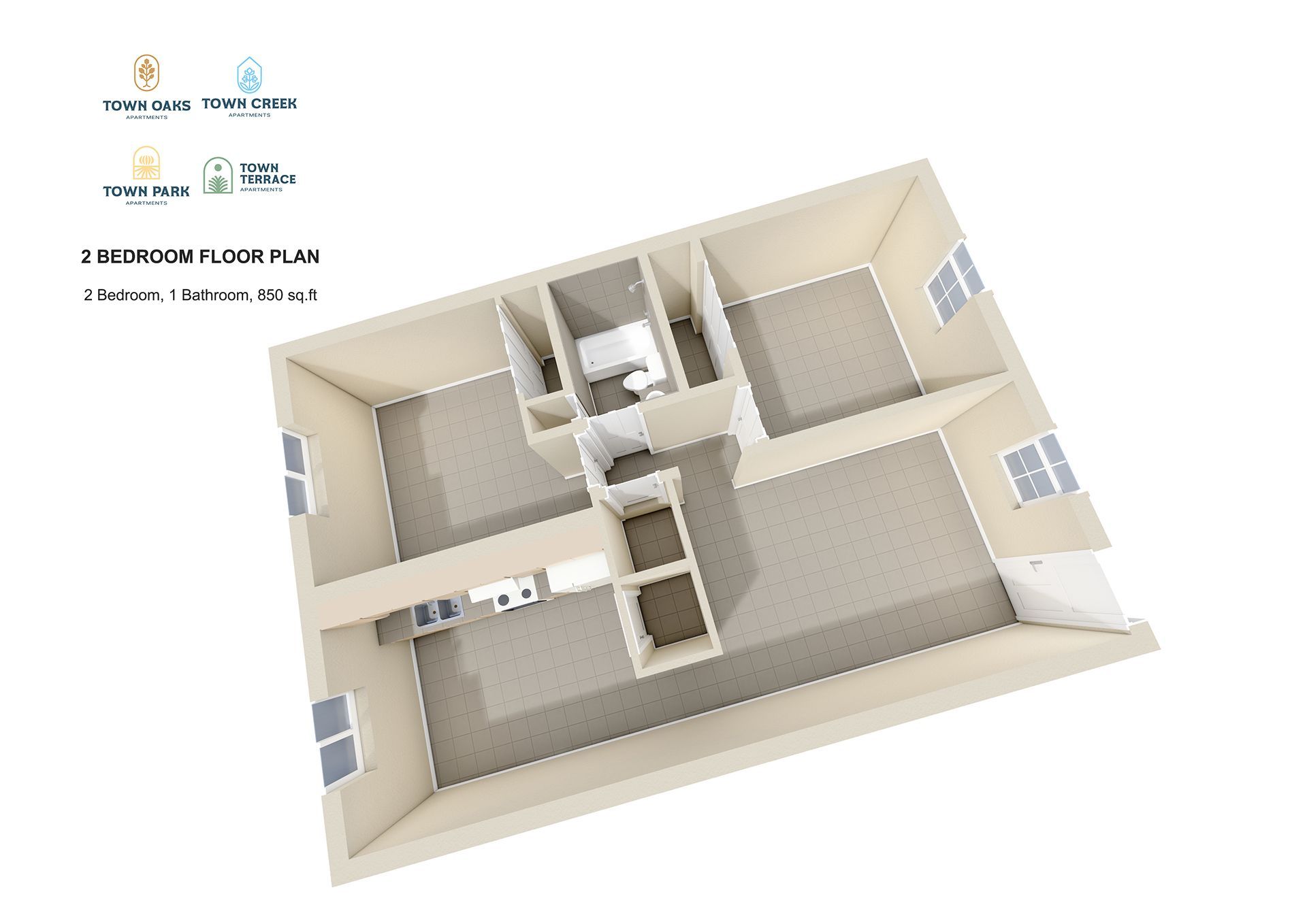 Town Terrace Floor Plan: 2 Bed · 1 Bath · 850 Sq. FT