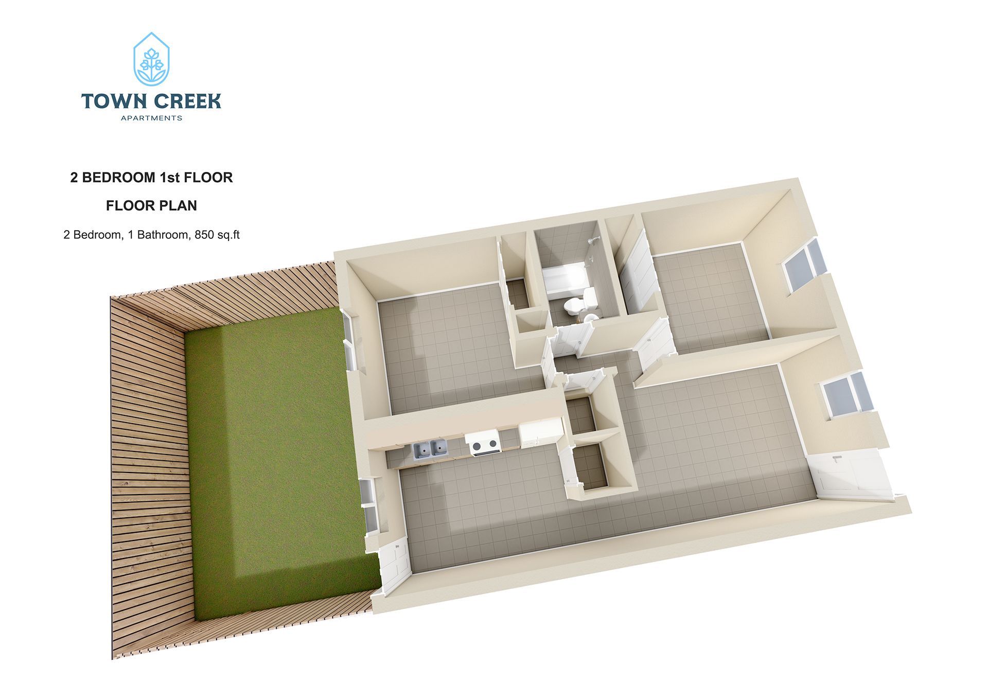 Town Creek Floor Plan: 2 Bed · 1 Bath · 850 Sq. FT