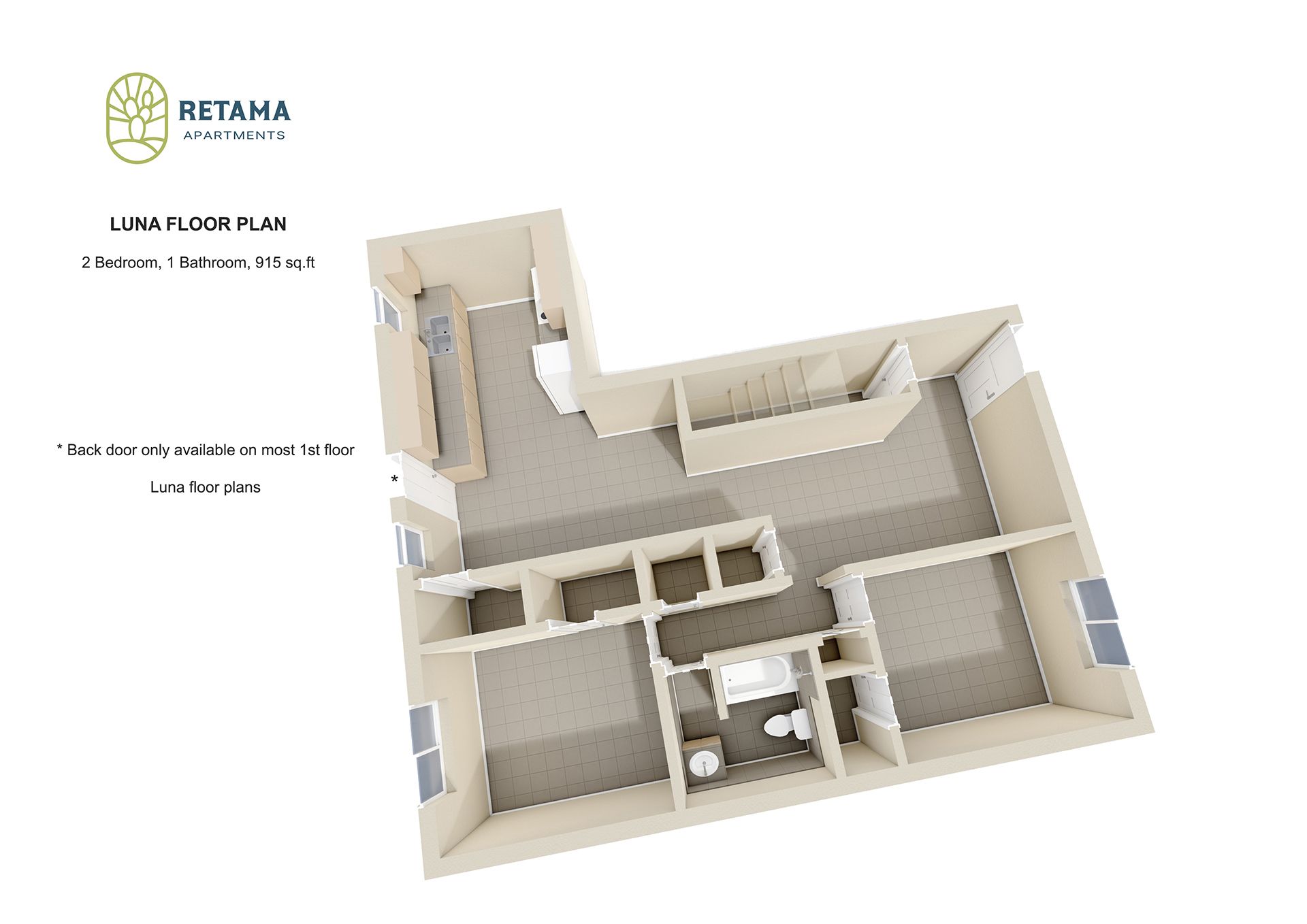 Remata Luna Floor Plan: 2 Bed · 1 Bath · 915 Sq. FT