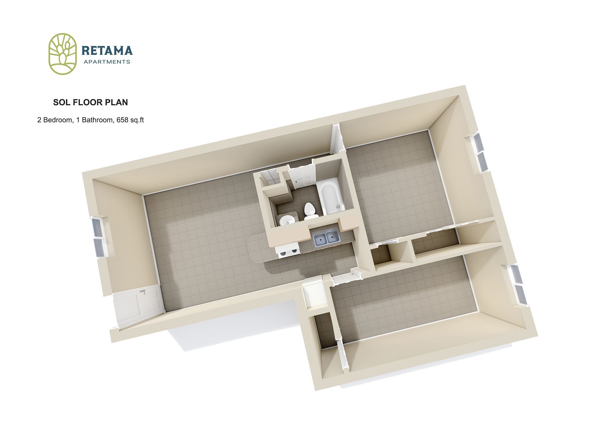 Remata Sol Floor Plan: 2 Bed · 1 Bath · 658 Sq. FT