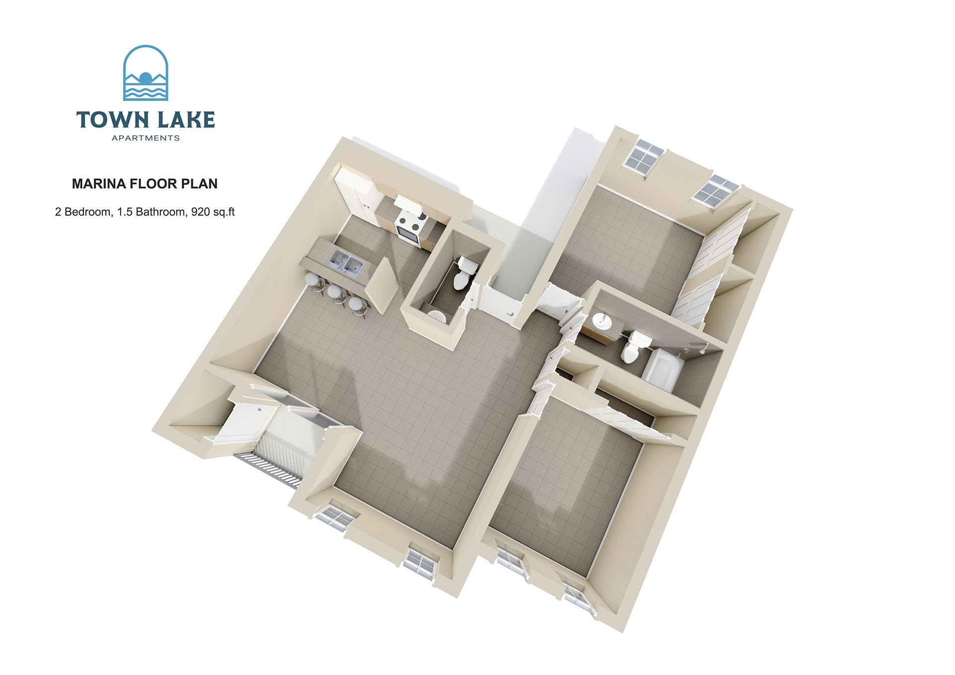 Town Lake Marina Floor Plan: 2 Bed · 1.5  Bath · 920 Sq. FT