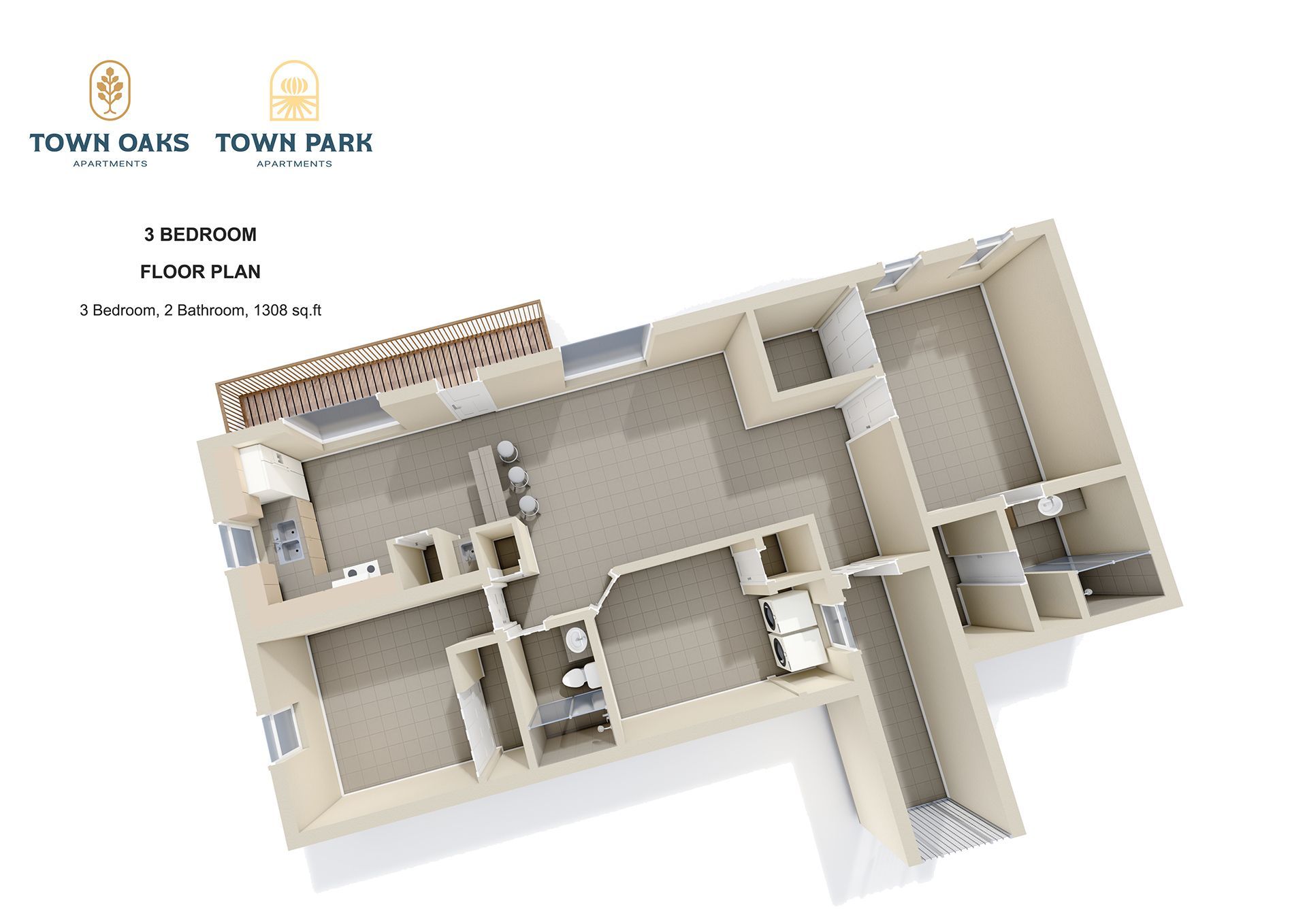 Town Park Floor Plan: 3 Bed · 2 Bath · 1,308 Sq. FT