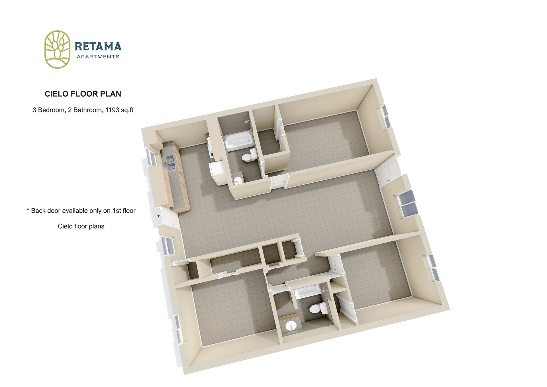 Remata Cielo Floor Plan: 3 Bed · 2 Bath · 1,193 Sq. FT